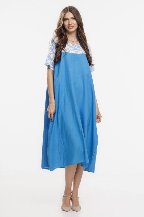 Rochie din in mercerizat, cu croi lejer si design minimalist albastra cu platca mica imprimata [1]