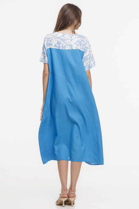 Rochie din in mercerizat, cu croi lejer si design minimalist albastra cu platca mica imprimata [4]