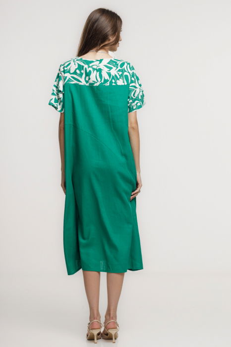Rochie din in mercerizat, cu croi lejer si design minimalist verde cu platca mica imprimata [3]