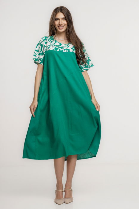 Rochie din in mercerizat, cu croi lejer si design minimalist verde cu platca mica imprimata [1]