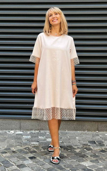 Rochie din in mercerizat cu volanas tulle si funda spate, ivoire [2]