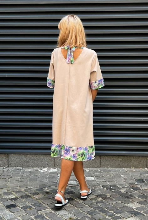 Rochie din in mercerizat cu volanas imprimat si funda spate, bej [6]