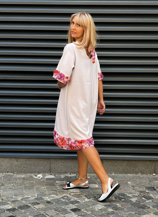 Rochie din in mercerizat cu volanas imprimat si funda spate, gri deschis [2]