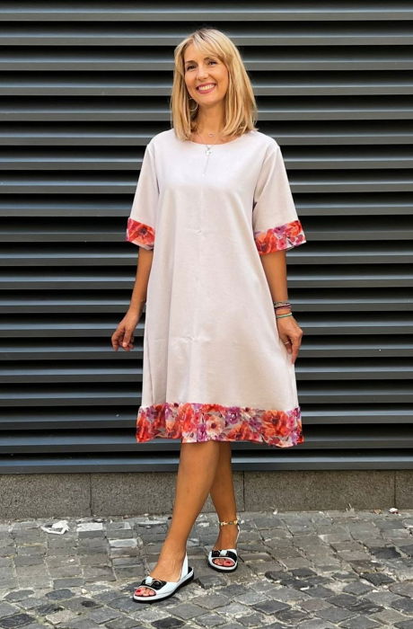 Rochie din in mercerizat cu volanas imprimat si funda spate, gri deschis [1]