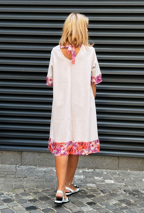 Rochie din in mercerizat cu volanas imprimat si funda spate, gri deschis [3]