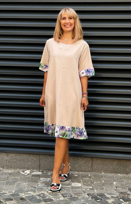 Rochie din in mercerizat cu volanas imprimat si funda spate, bej [2]