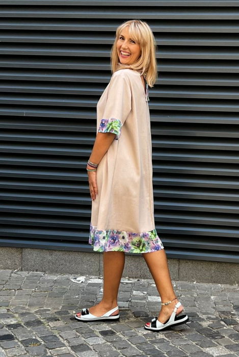 Rochie din in mercerizat cu volanas imprimat si funda spate, bej [4]