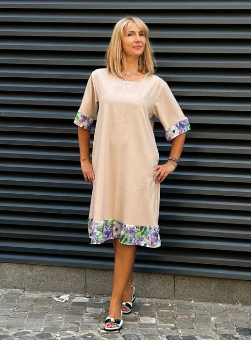 Rochie din in mercerizat cu volanas imprimat si funda spate, bej [1]