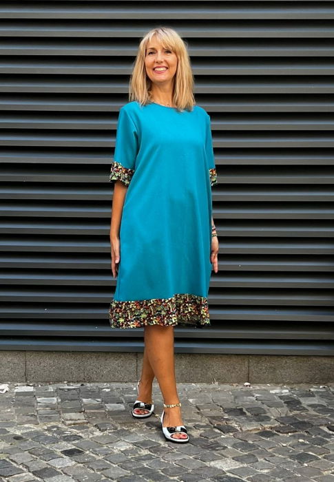 Rochie din in mercerizat cu volanas imprimat si funda spate, turcoaz [1]