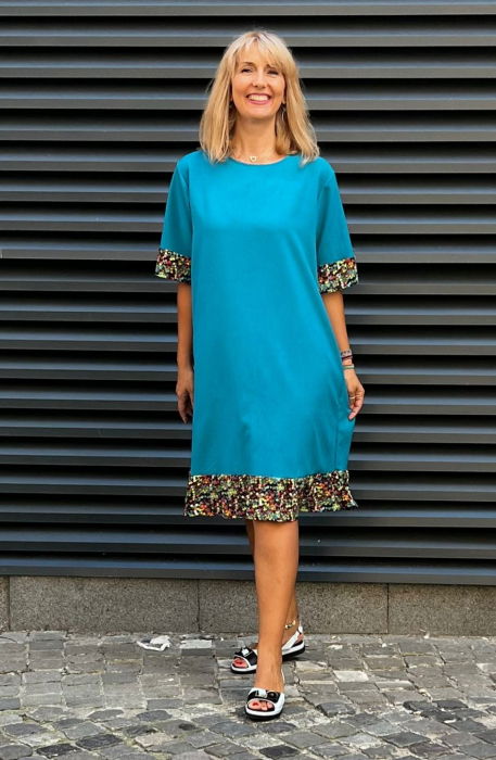 Rochie din in mercerizat cu volanas imprimat si funda spate, turcoaz [2]
