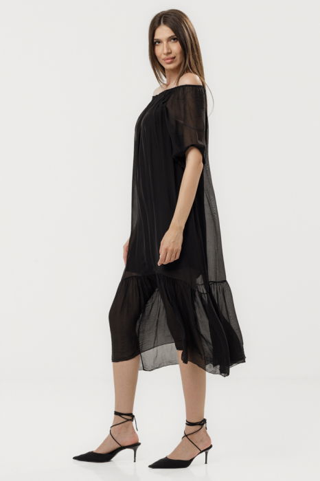 Rochie din matase si vascoza cu detalii feminine si croiala lejera, neagra [3]