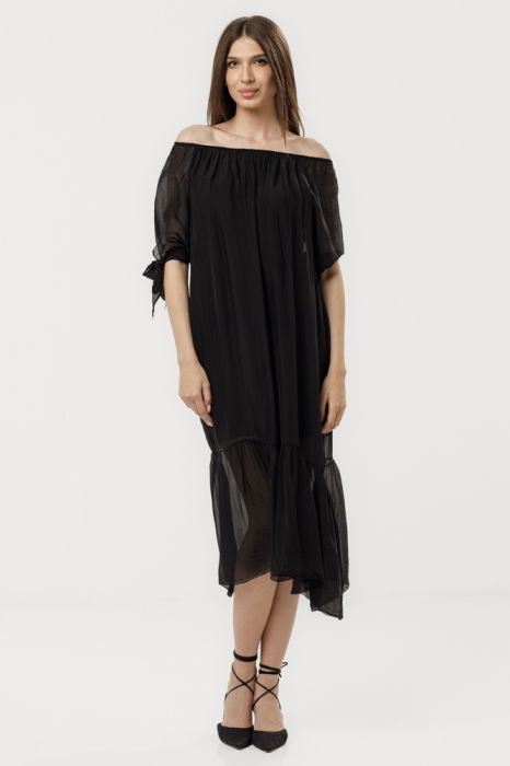 Rochie din matase si vascoza cu detalii feminine si croiala lejera, neagra