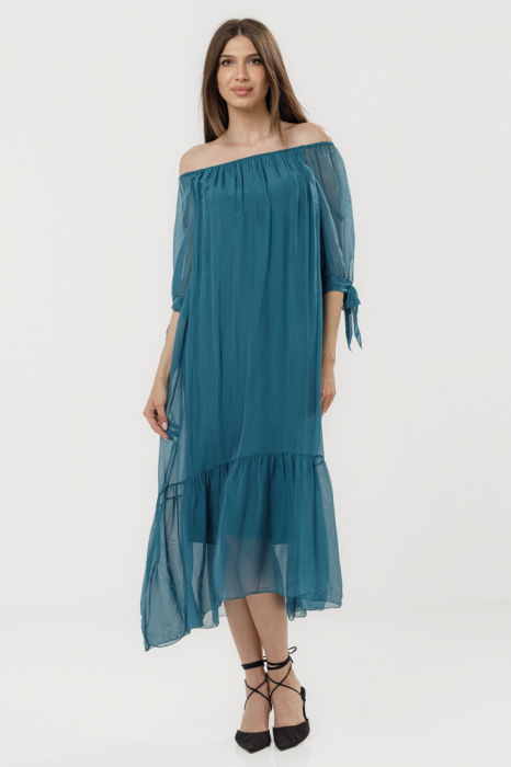 Rochie din matase si vascoza cu detalii feminine si croiala lejera, turcoaz inchis