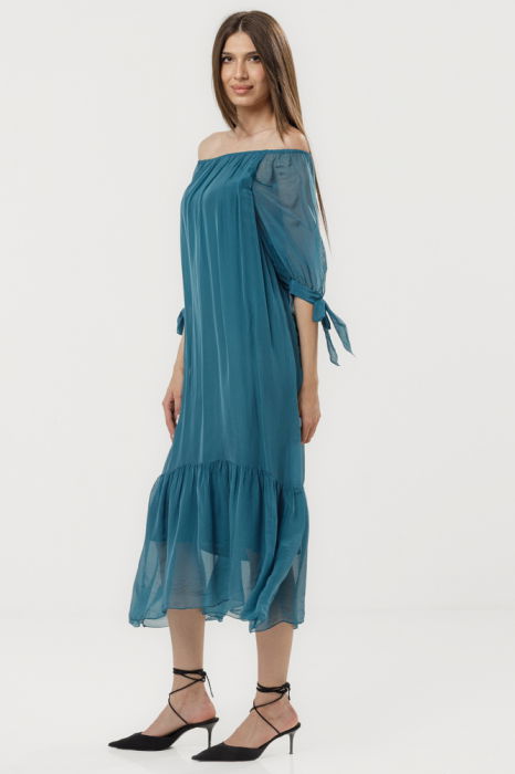 Rochie din matase si vascoza cu detalii feminine si croiala lejera, turcoaz inchis [3]