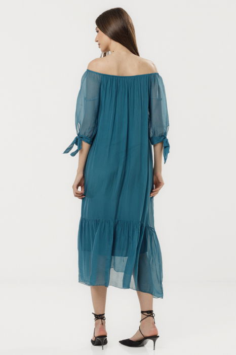 Rochie din matase si vascoza cu detalii feminine si croiala lejera, turcoaz inchis [4]
