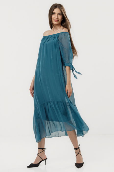 Rochie din matase si vascoza cu detalii feminine si croiala lejera, turcoaz inchis [2]