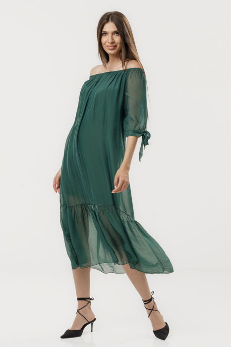 Rochie din matase si vascoza cu detalii feminine si croiala lejera, verde forest
