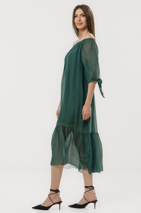 Rochie din matase si vascoza cu detalii feminine si croiala lejera, verde forest [3]