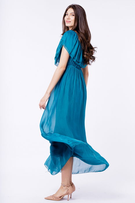 Rochie lunga, turcoaz, din matase si vascoza, cu volan pe umeri [4]