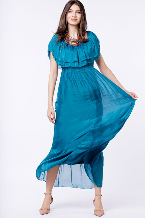 Rochie lunga, turcoaz, din matase si vascoza, cu volan pe umeri [3]
