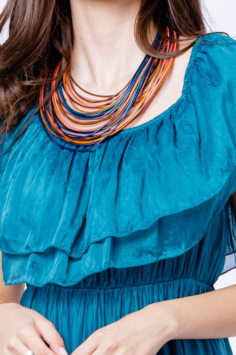 Rochie lunga, turcoaz, din matase si vascoza, cu volan pe umeri [6]