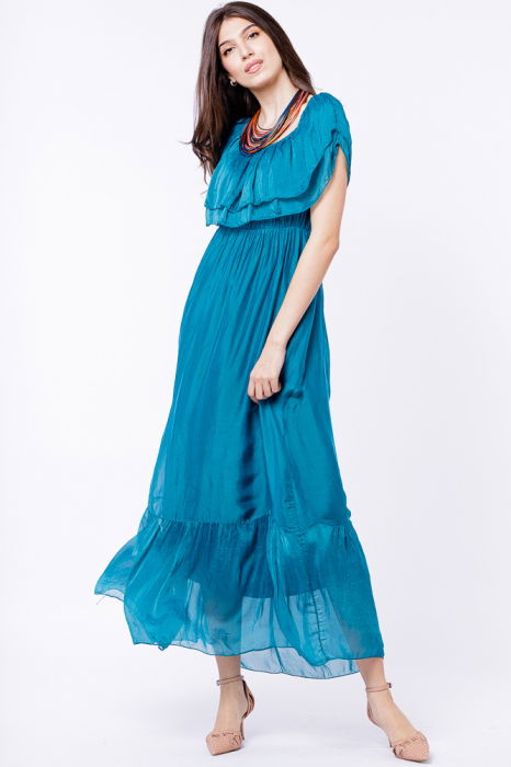 Rochie lunga, turcoaz, din matase si vascoza, cu volan pe umeri [2]