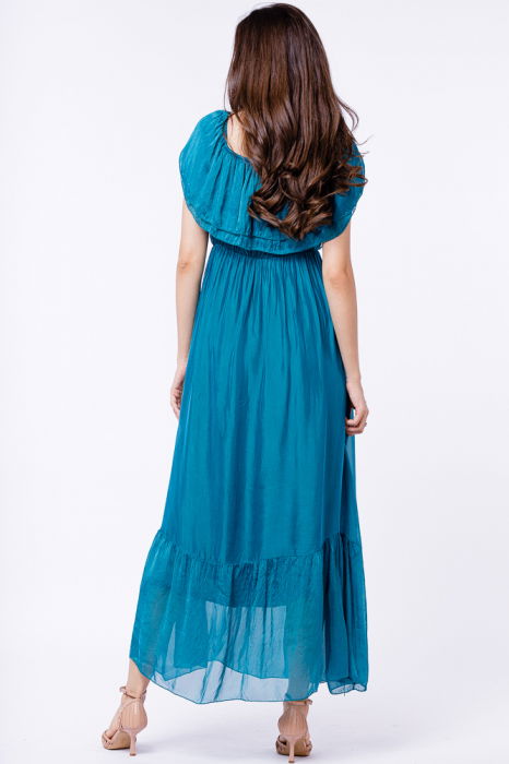 Rochie lunga, turcoaz, din matase si vascoza, cu volan pe umeri [5]