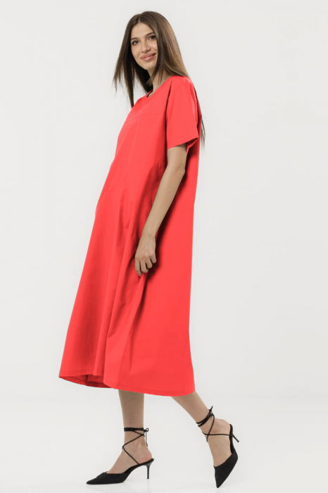 Rochie din poplin de bumbac, cu croi lejer si design minimalist, corai [2]