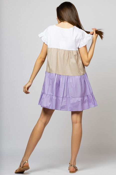 Rochie din poplin de bumbac cu trei volane colorate lila - bej - alb [2]