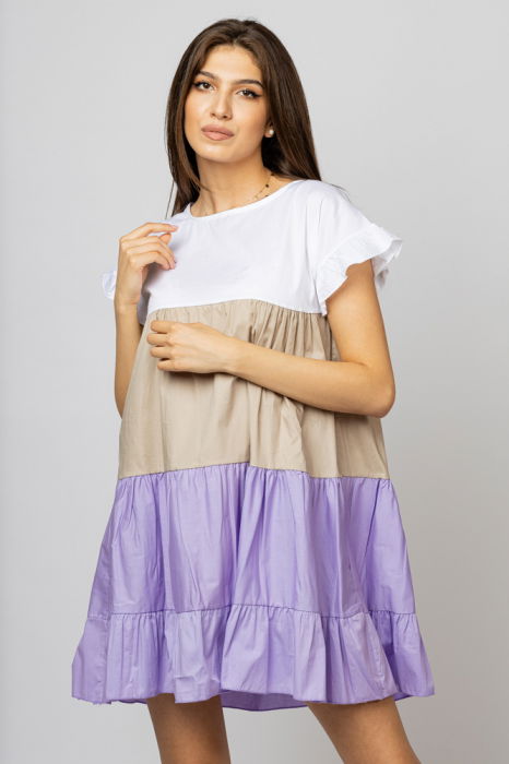 Rochie din poplin de bumbac cu trei volane colorate lila - bej - alb [3]