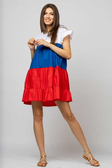 Rochie din poplin de bumbac cu trei volane colorate rosu-albastru-alb [3]