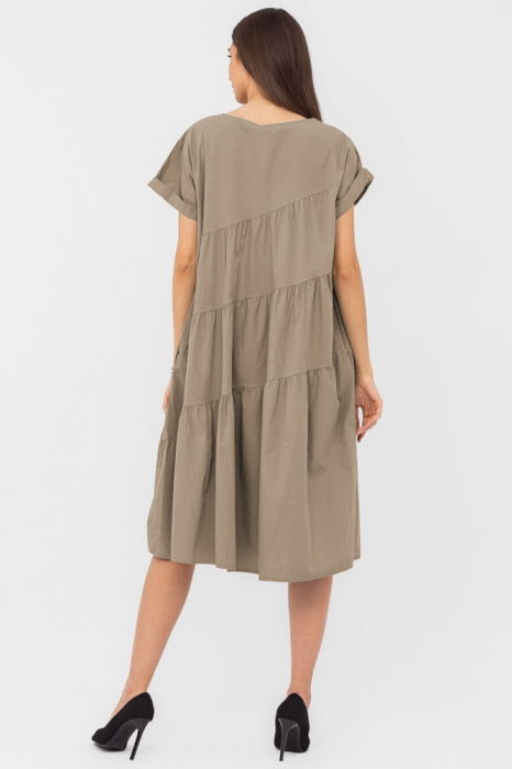 Rochie din poplin satinat cu volane oblice, bej inchis [3]