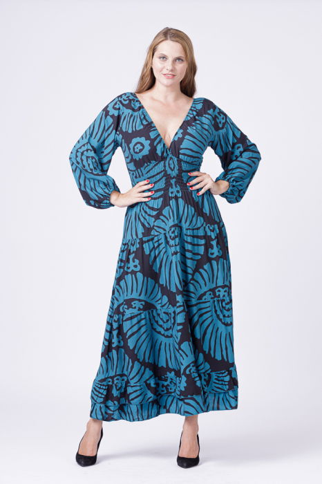 Rochie cu banda elastica in talie si volane, imprimeu turcoaz-negru [2]