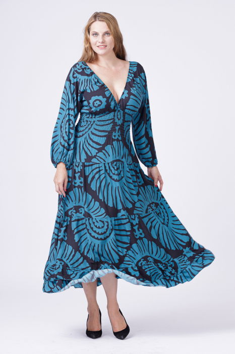 Rochie cu banda elastica in talie si volane, imprimeu turcoaz-negru [4]