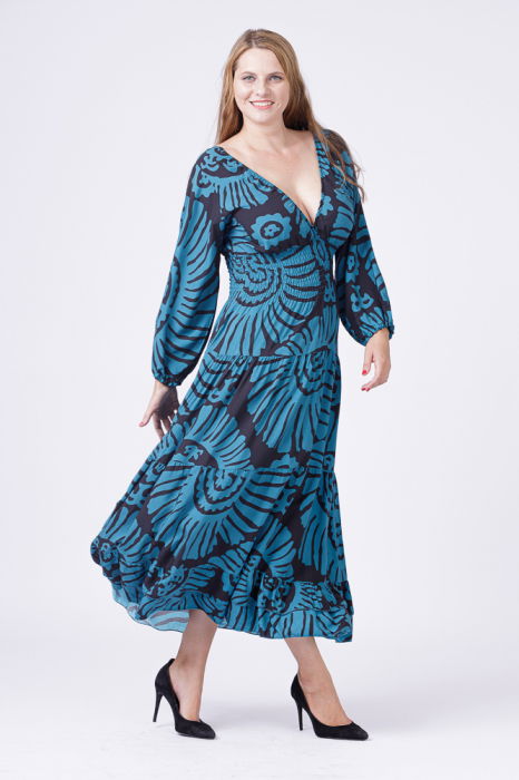 Rochie cu banda elastica in talie si volane, imprimeu turcoaz-negru [6]