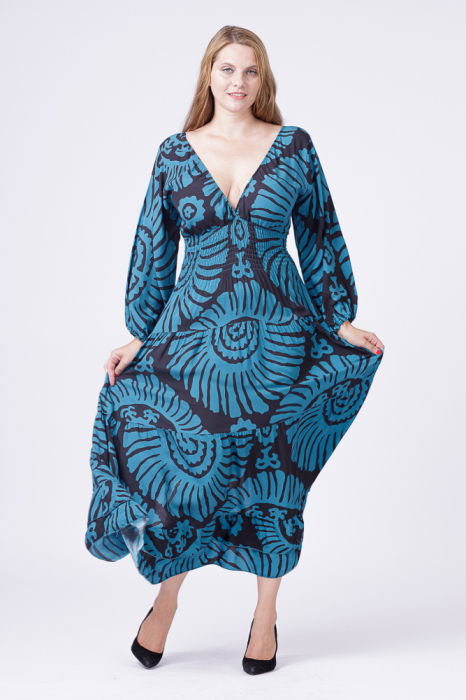 Rochie cu banda elastica in talie si volane, imprimeu turcoaz-negru [3]