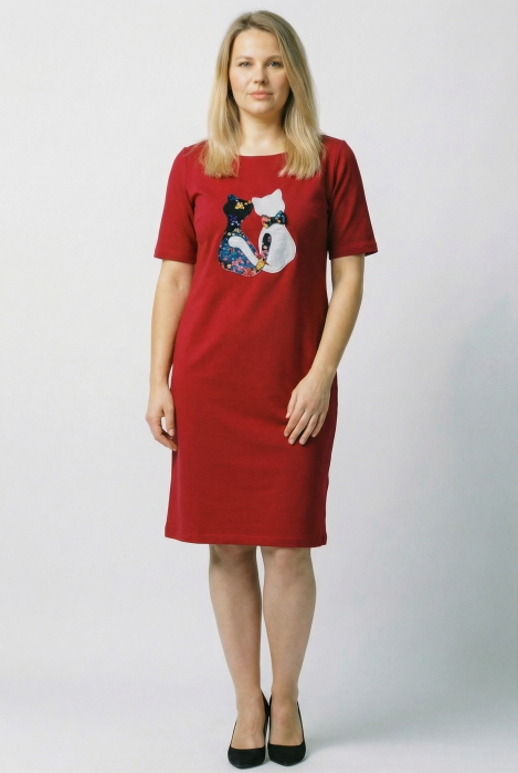 Rochie din tricot de bumbac bordo cu doua pisici aplicate pe piept [1]