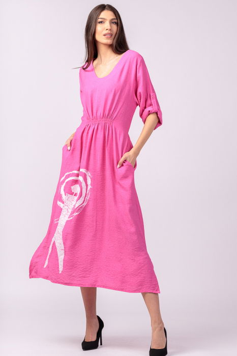 Rochie din vascoza fucsia, cu elastic sub bust si imprimeu [4]