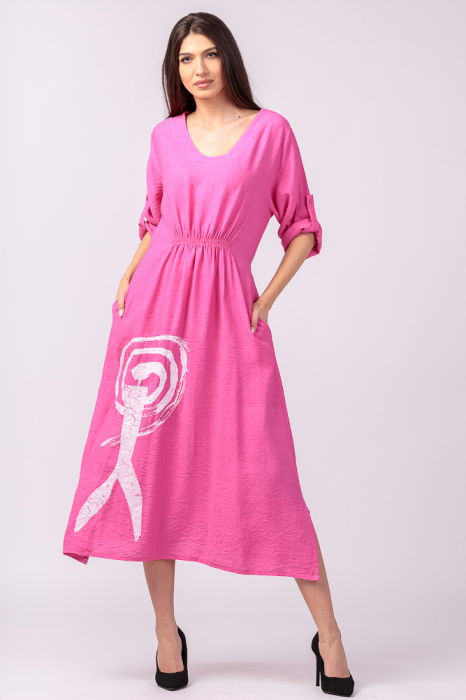 Rochie din vascoza fucsia, cu elastic sub bust si imprimeu [3]