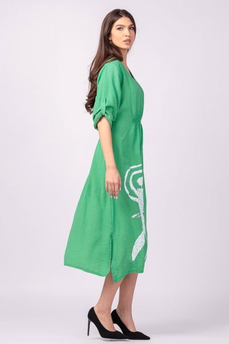 Rochie din vascoza verde, cu elastic sub bust si imprimeu [3]