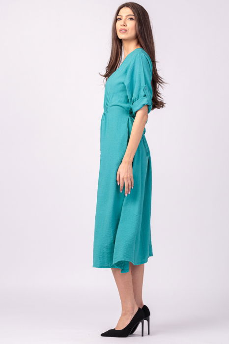 Rochie din vascoza turcoaz, cu elastic sub bust si imprimeu [3]