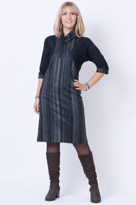 Rochie dreapta, midi, cu guler cazut si imprimeu grafic verde-bej-negru [4]