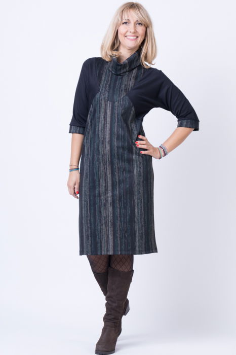 Rochie dreapta, midi, cu guler cazut si imprimeu grafic verde-bej-negru [5]