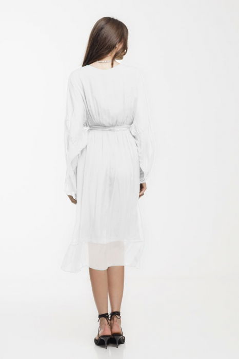 Rochie eleganta din matase si vascoza, petrecuta, cu maneci vaporoase si croiala asimetrica, alba [3]