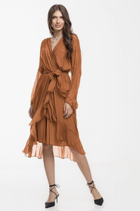 Rochie eleganta din matase si vascoza, petrecuta, cu maneci vaporoase si croiala asimetrica, camel [2]