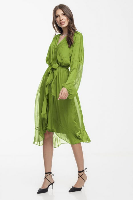 Rochie eleganta din matase si vascoza, petrecuta, cu maneci vaporoase si croiala asimetrica, verde deschis
