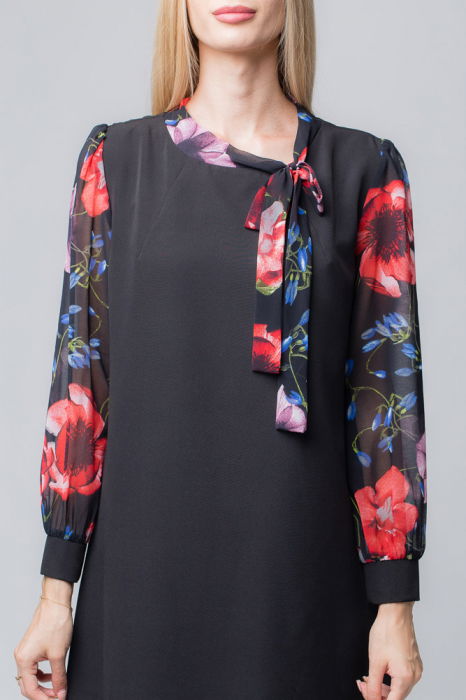 Rochie eleganta, neagra, midi, cu maneci si guleras din voal inflorat [3]