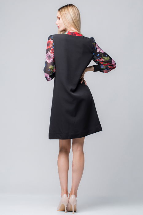 Rochie eleganta, neagra, midi, cu maneci si guleras din voal inflorat [2]