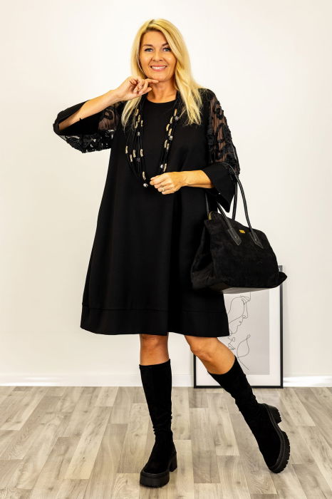 Rochie neagra eleganta cu maneci din tull brodat [4]