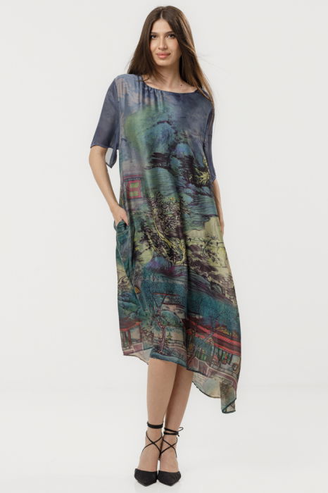 Rochie turcoaz eleganta satinata A-line cu croiala lejera si imprimeu pictural [2]